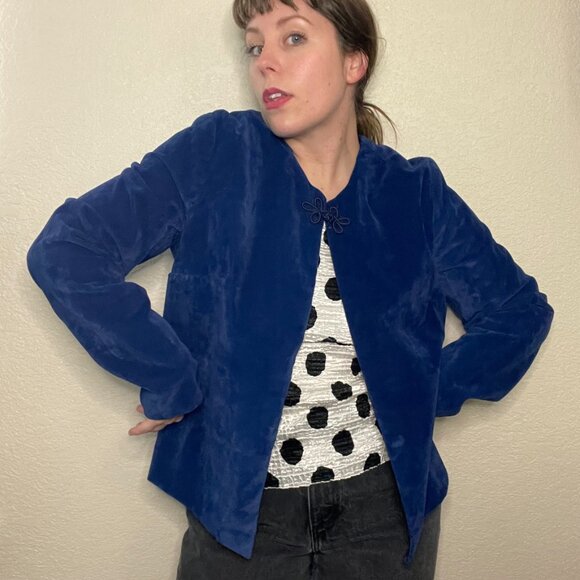 Vintage Cobalt Blue Velvet Lightweight Jacket Large - Picture 2 of 8